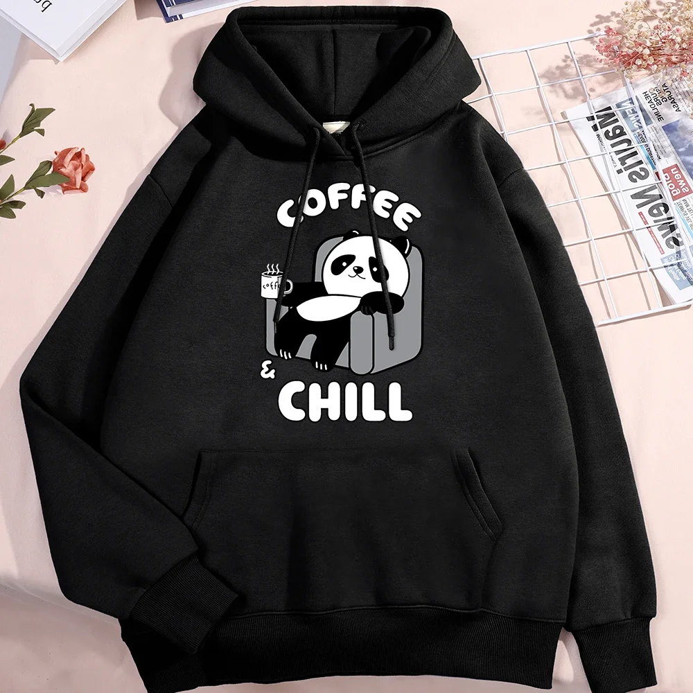 

Coffee Chill Panda Enjoying Time Мужчины Женщины Уличная одежда Хип-хоп Толстовки с карманами Свободный свитшот Повседневная толстовка оверсайз Мужская Y2K