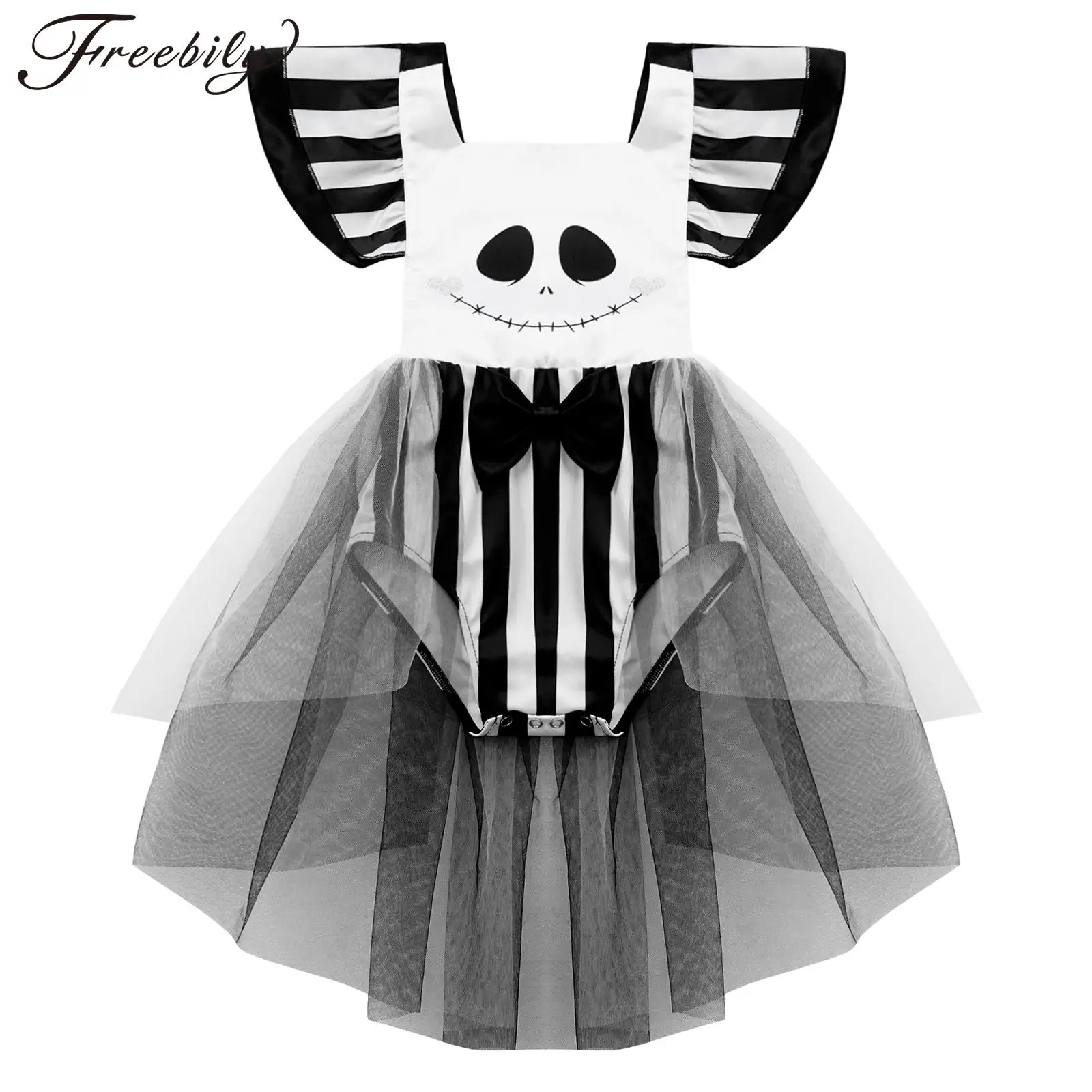 Kostium dla dziewczynek na Halloween Ghost Cosplay Flutter Sleeve Skull Face Print Mesh Tutu Romper Theme Party Carnival Dress Up Outfit