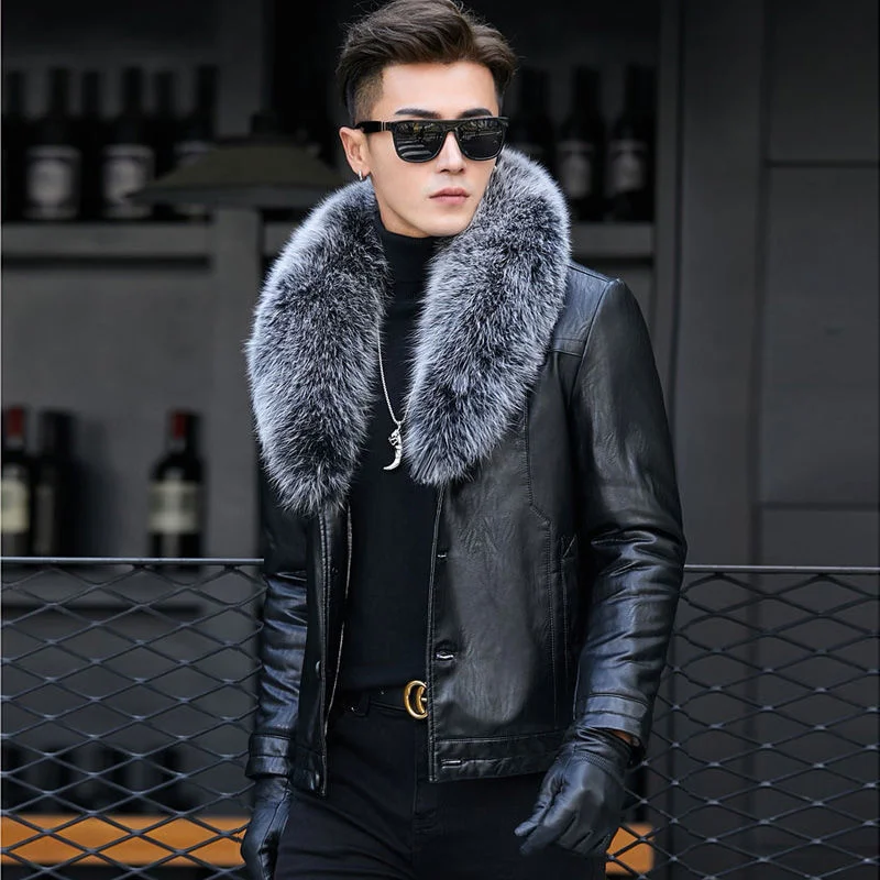 S-5XL Bomber Sheepskin หนัง Biker Jacket ผู้ชายที่ถอดออกได้ Fox Fur ขนแกะเรียงราย Mens เสื้อขนสัตว์ฤดูหนาวเสื้อผู้ชาย c331