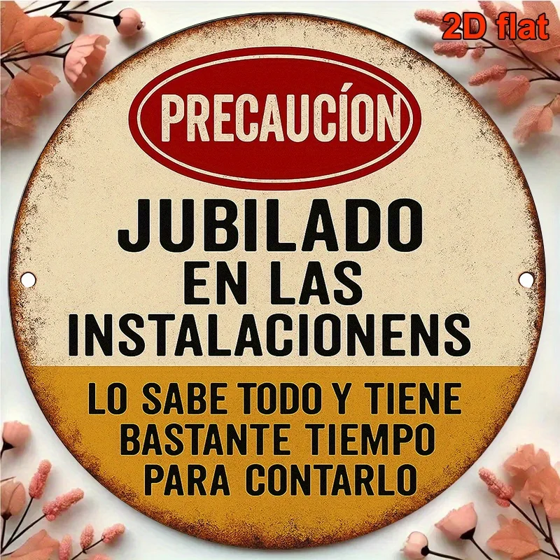 2D Retro Metal Sign, Spanish Warning Retirement Decor, Round 8x8 Inch Wall Art, Bilingual English-Spanish, for Bar Cafe Restaura