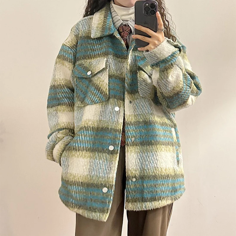 Plaid Wool Jacket Women 2023Autumn WinterNew Korean Temperament Mid Long Single-Breasted Coat Female Casual Overcoat LadiesTops