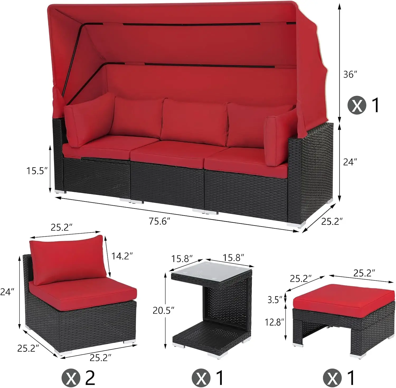 7 Pieces Patio Sets Daybed with Retractable Canopy,Rattan Sectional Sofa Set, Wicker Seating Chairs with Adjustable Backrest