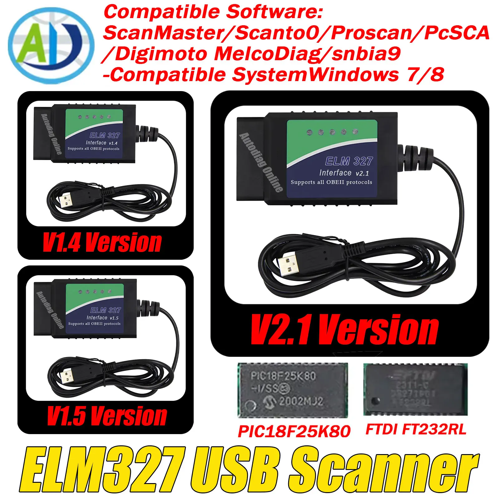 OBD2 診断スキャナー オリジナル PIC18F25K80 FTDI FT232RL OBDII インターフェーススキャナー ScanTool/MultiEcuScan ELM327 USB スキャナー用