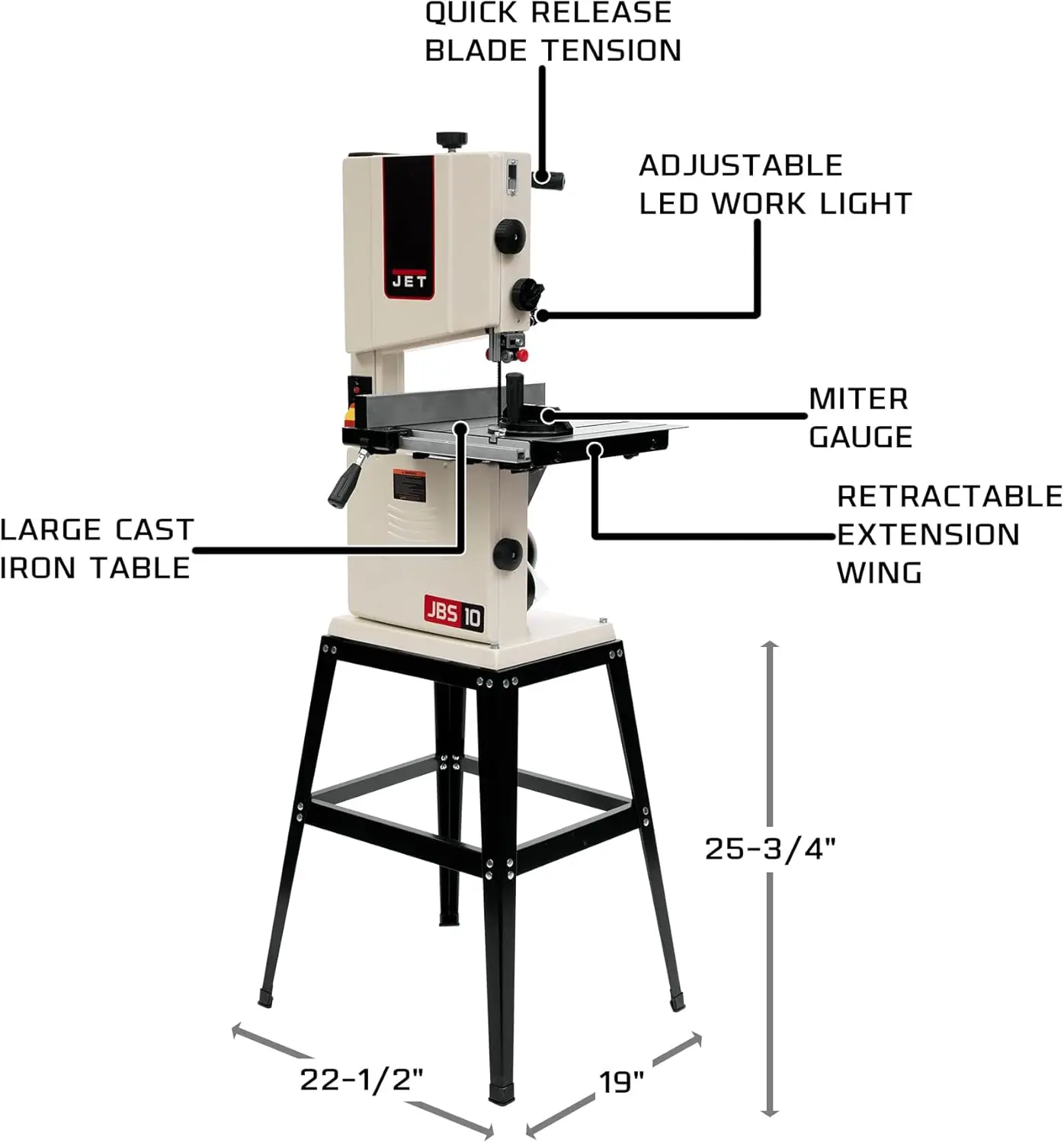 10-Inch Woodworking Bandsaw with Stand 1/2 HP 115V 1Ph Upper and lower ball bearing blade guides provide blade stability