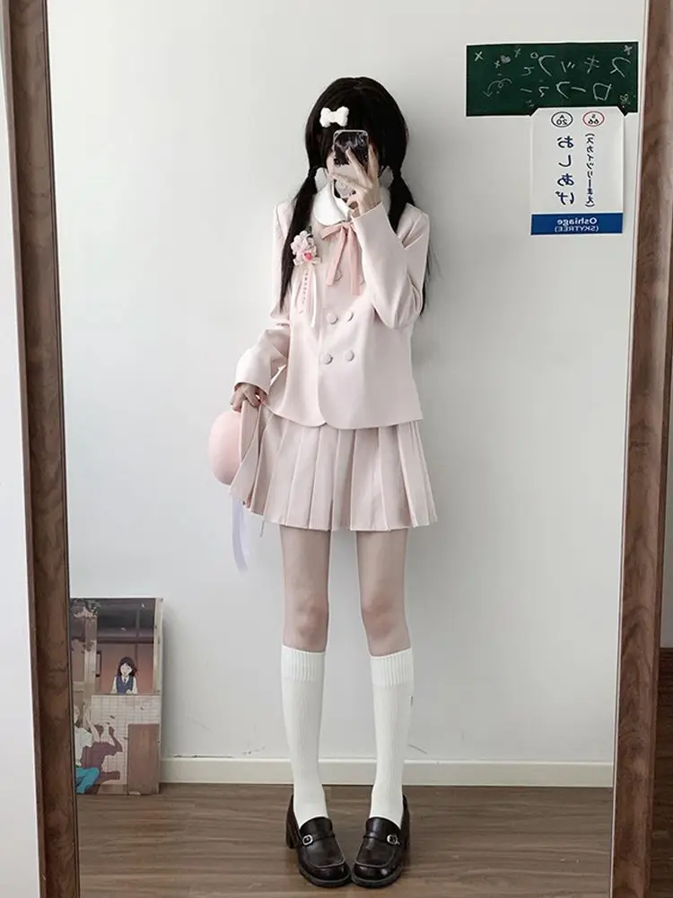 

Новый осенний комплект из 2 предметов в консервативном стиле Kawaii, женский японский милый однотонный свободный костюм с длинными рукавами, модная милая короткая юбка с бантом