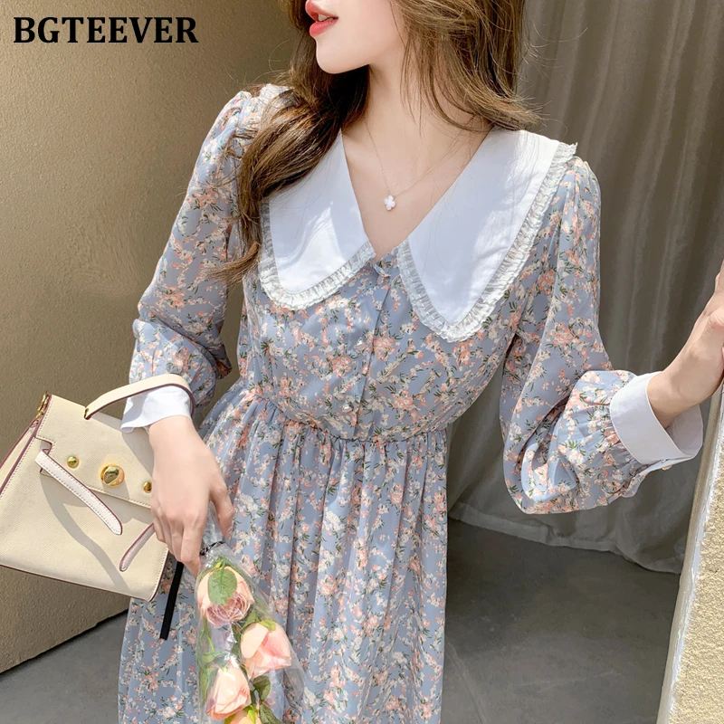 BGTEEVER Vintage Peter Pan Collar Chiffon Floral Ladies Dress Spring Women A-line Dress Long Sleeve Slim Female Midi Vestidos