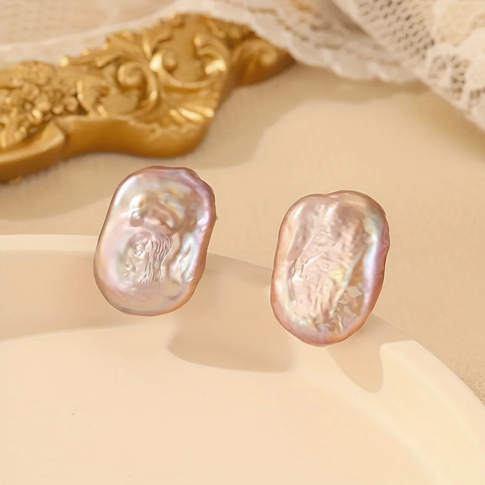 925 Sterling Silver Natural Irregular Freshwater Pearl Baroque Stud Earrings Retro Simple Style Random Colors