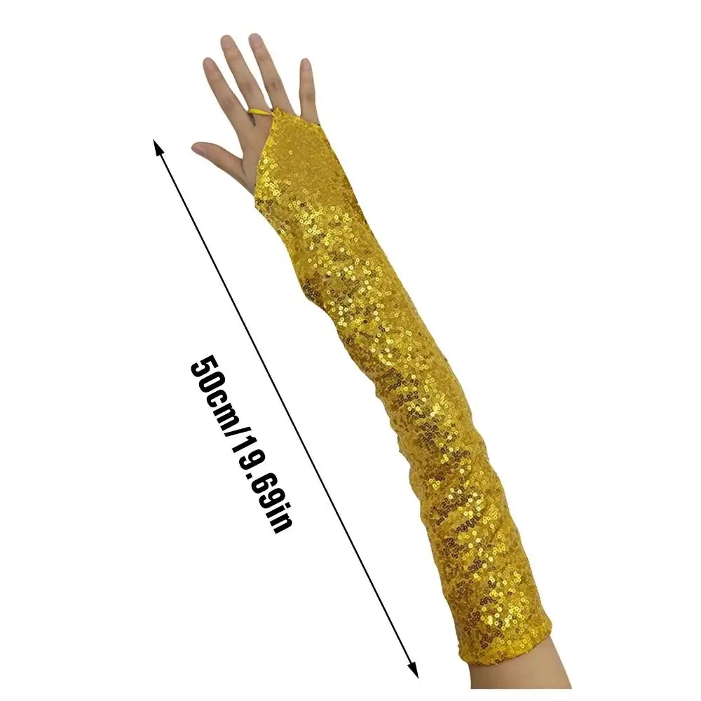 Dance Gloves Fingerless Sequins Gloves Creative Shiny Shinning Mittens 50cm Long Hook Women Cosplay Gloves Dress-Up Accessories