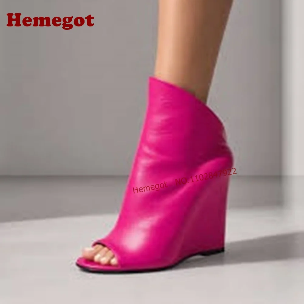 Rose Red Leather Wedge Ankle Boots Peep Toe Slip-On Wedges Heels Women's Boots Street-Style Runway Minimalist Fashion Show Shoes