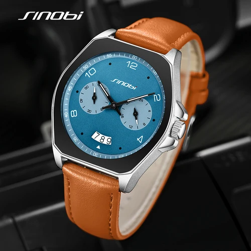 Imagen 2 del producto SINOBI, relojes de marca superior para hombre, estilos de moda, relojes de pulsera de cuarzo para hombre, los mejores regalos, reloj con correa de cuero, reloj impermeable para hombre