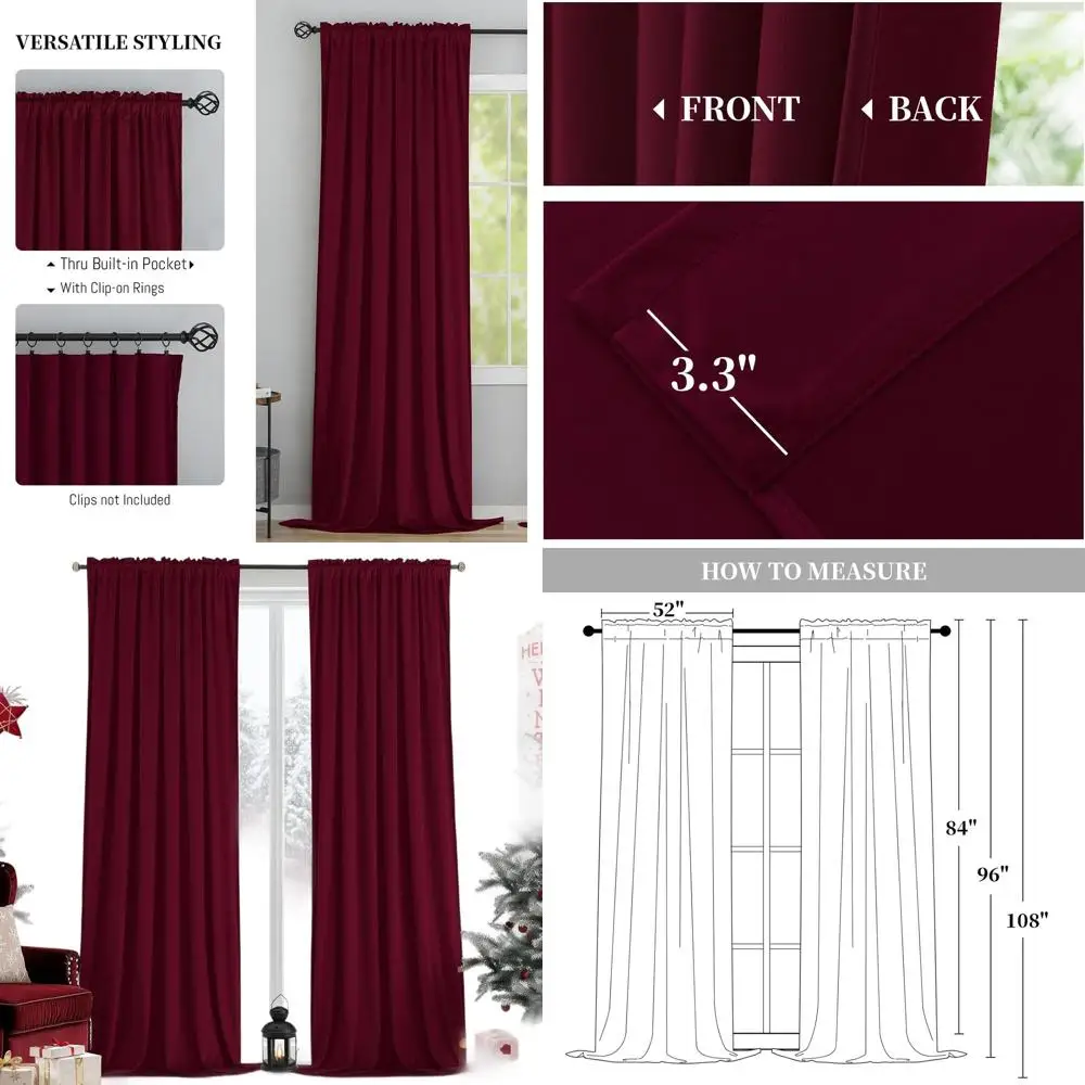 

Elegant Wine Red Velvet Curtains for Living Room - 52 x 96 Blackout Panels with Rod Pocket