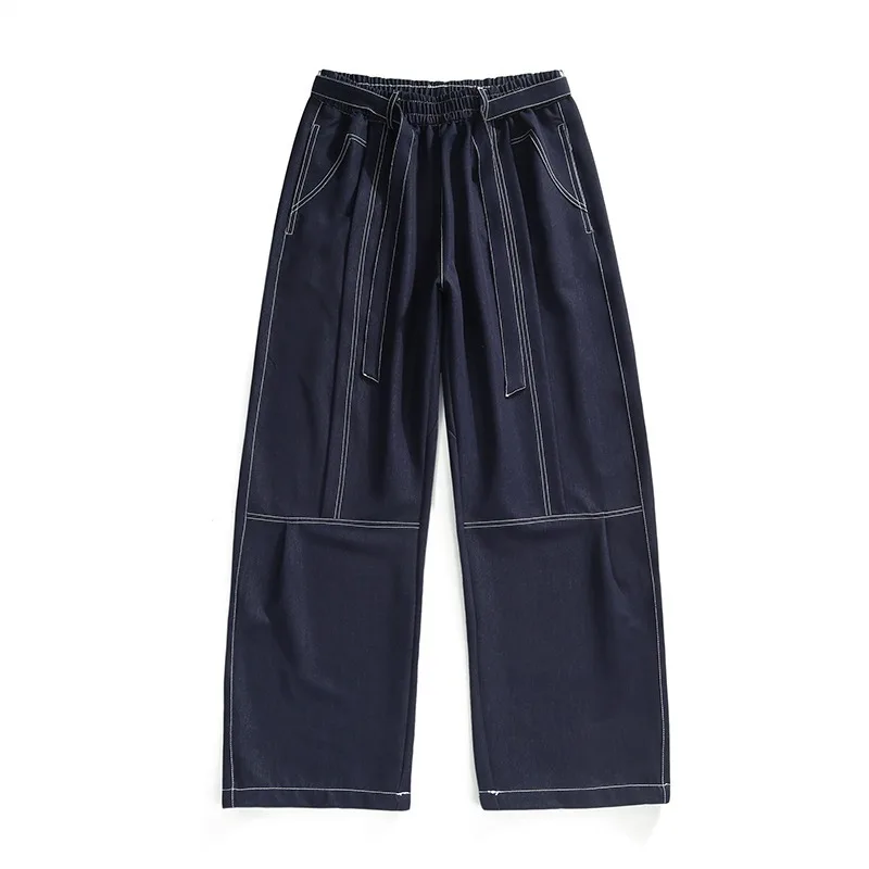 Men Solid Faux Denim Loose Wide Leg Trousers Elastic Waist With Ribbon Contrast Stitching Plus Size Streetwear Pants