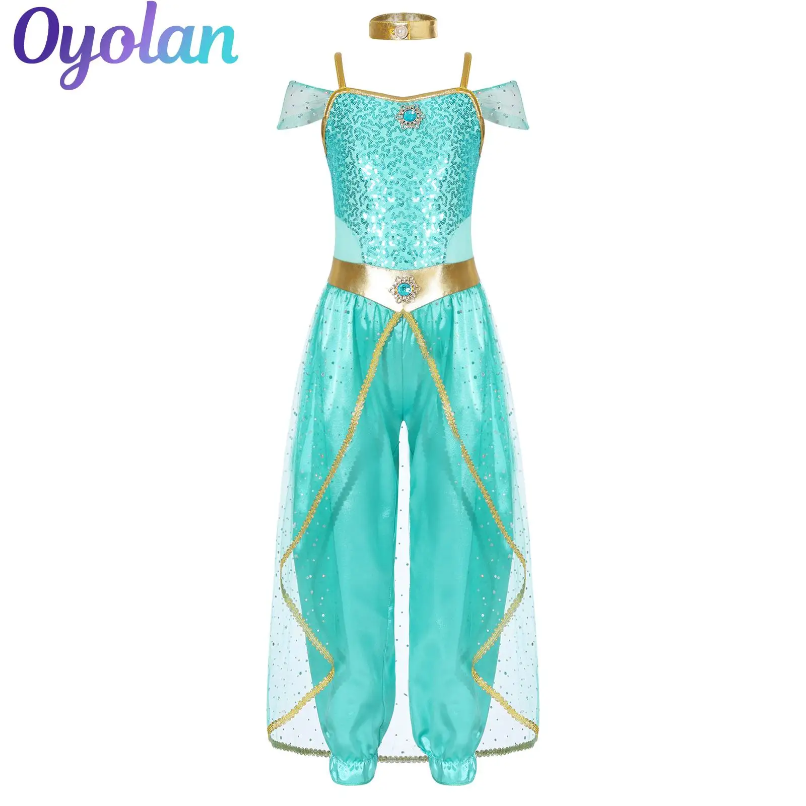 

Girls Arabian Princess Costume Shiny Sequins Gem Long Jumpsuit Bodysuit with Choker Cosplay Belly Dance Performance Costume