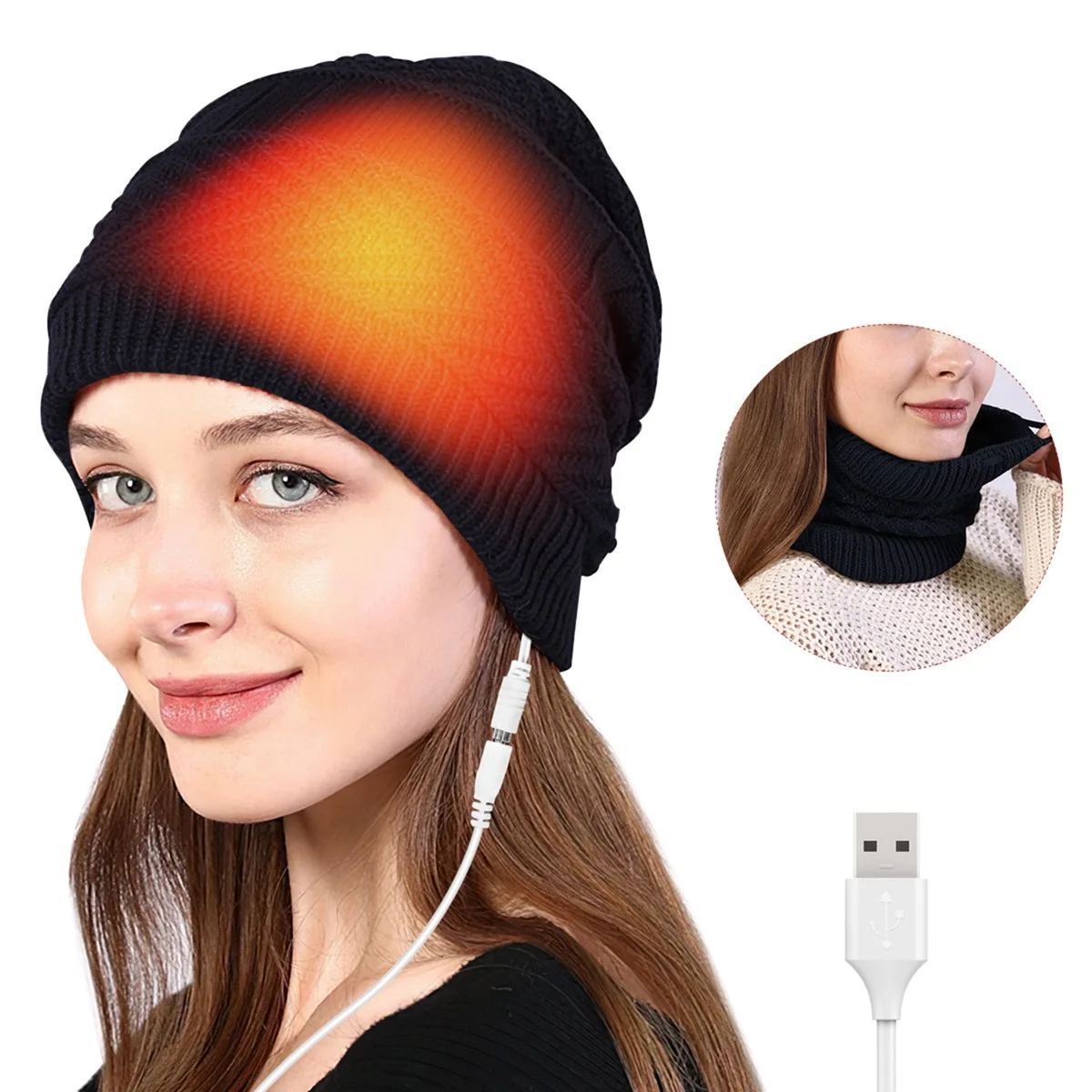 USB Heated Scarf Warm Winter Knitted Heated Cap Heated Beanie Hat and Neck Warmer for Skiing Camping Hunting,Black