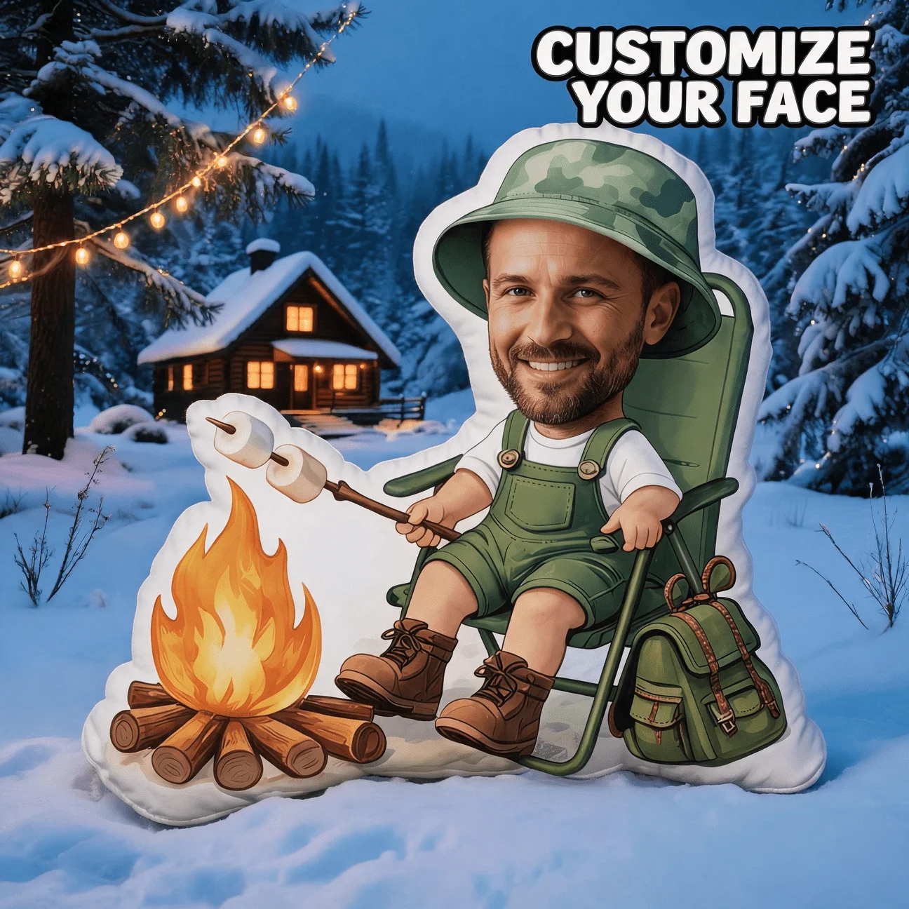 Personalized Photo Camping Pillow with Custom Face Picture - Green Overalls & Hat Marshmallow Roasting Cushion Suitable for Sofa