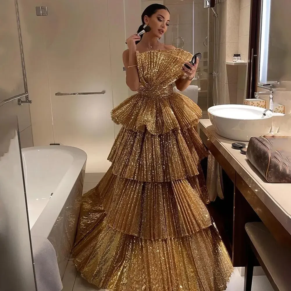 Gold A-Line Strapless Ruffles Evening Dresses Luxury Gowns For Women Party Couture vestidos de fiesta فساتين سهرة Customized