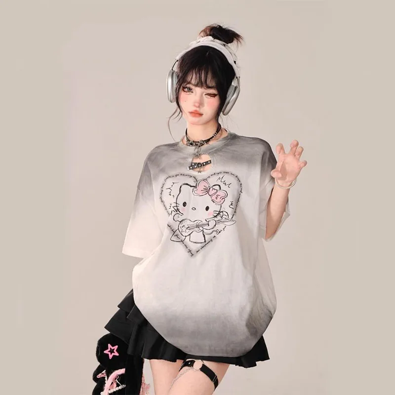 

New Kawaii Sanrio Hellokitty T-Shirt Gray Gradient Summer Top Slim Fit Anime Cartoon Ins Birthday Gifts Girlfriend Gifts