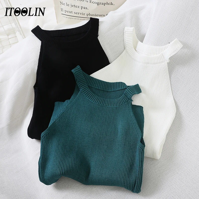 Nuove donne canotta maglia con spalle scoperte sexy girocollo T-shirt da donna tinta unita halter canotta 2024 estate