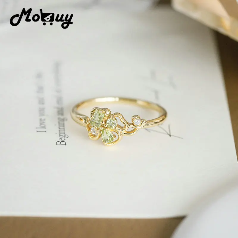

MOBUY Ins Natural Peridot Gemstone Ring For Women Concise Lucky Four Leaf Clover 925 Sterling Silver Gold Plated Fine Jewelry