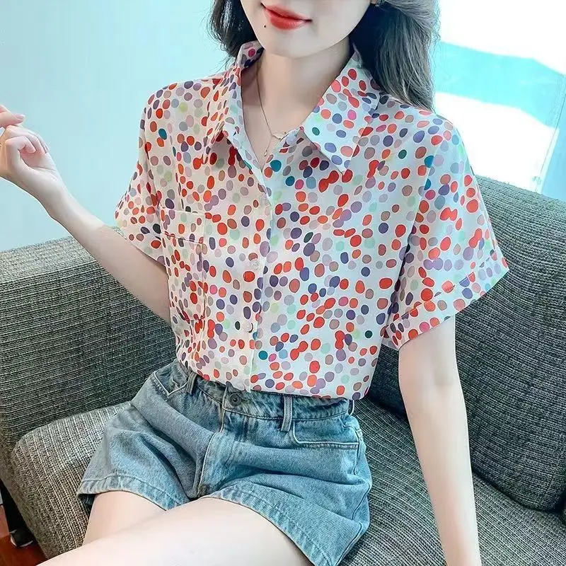 Minimalist Commute Retro Polo-Neck Short Sleeve Floral Blouses Summer New Women\'s Patchwork Pocket Loose Sweet Button Shirt Tops