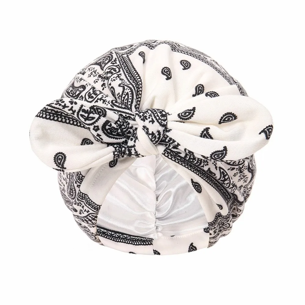 Satin Lined Bandana Turban Hat Rabbit Ear Bow Knot Paisley Print Pre-Tied Head Wrap 1PC Multi-Color Hair Cover Bonnet