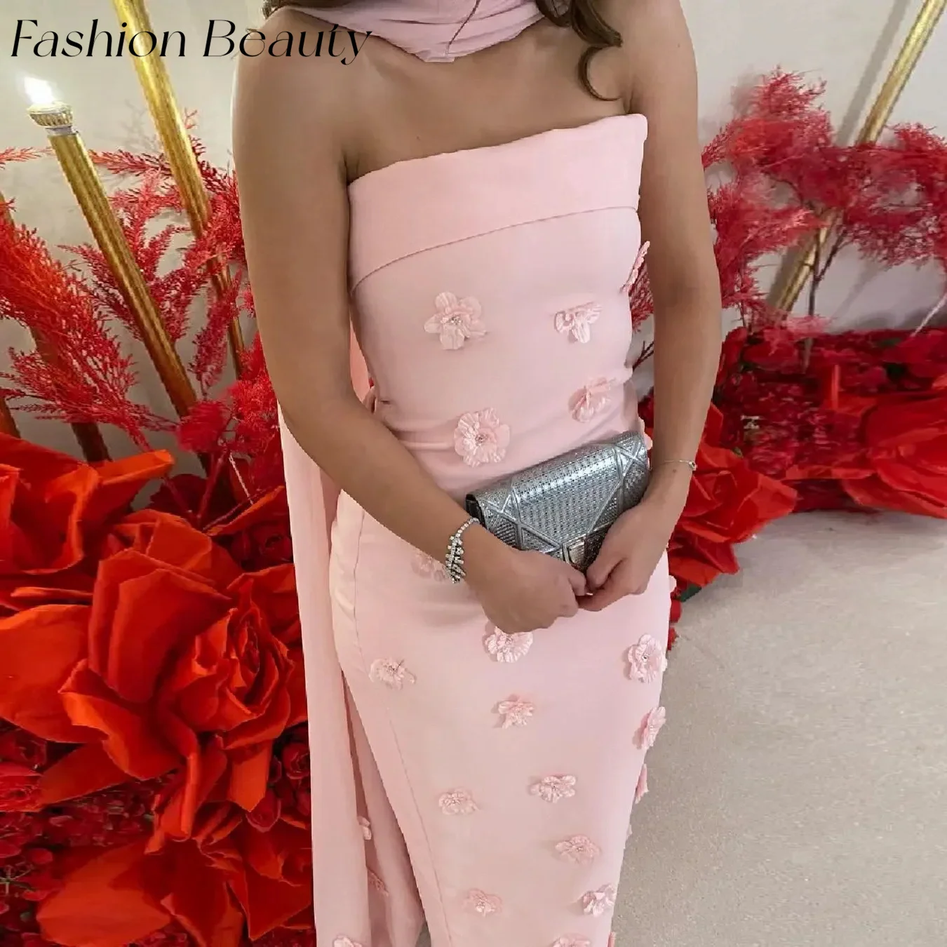 Fashion Beauty Pink Evening Dresses Strapless 3D Flowers Printed Dress Elegant Formal Occasion Gown For Women 2024 فساتين السهرة