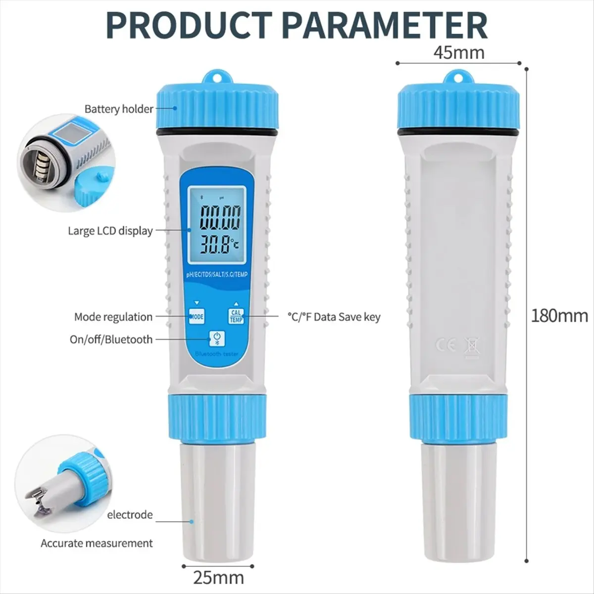 Bluetooth 6-in-1 TDS-meter Digitale watertester EC TDS ZOUT Temperatuur PH-meter Aquariumwatertester