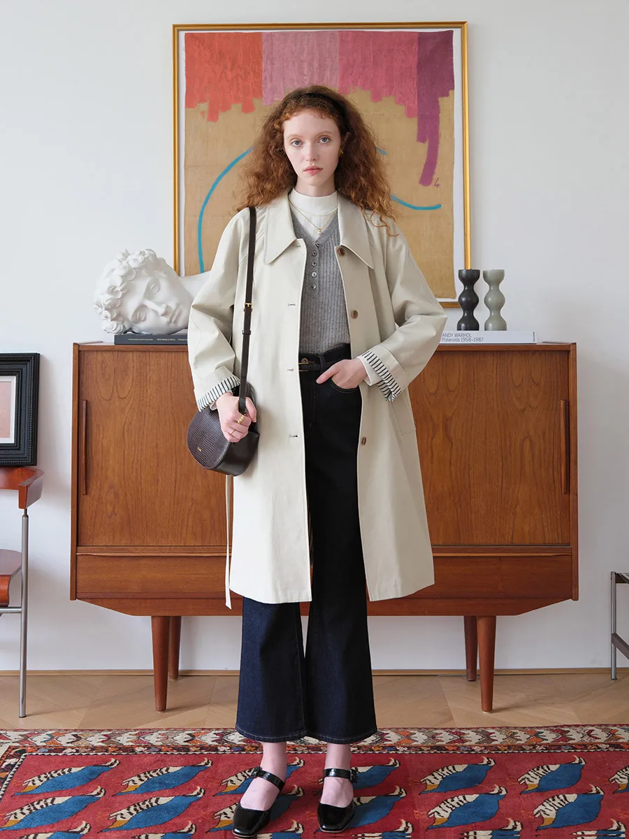 

Ranruo Pure Cotton Chelsea Collar Overcoat Women's Medium Length Knee-Long Coat Commute Sle Long Sve V-Ne Single Button