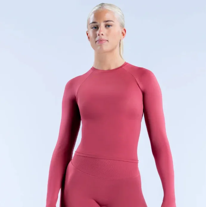Damen Langarm-Sportshirt: Schnelltrocknend, Atmungsaktiv, Dehnbar, Figurformend, Bauchfreundlich für Yoga, Laufen und Pilates – Detail 2