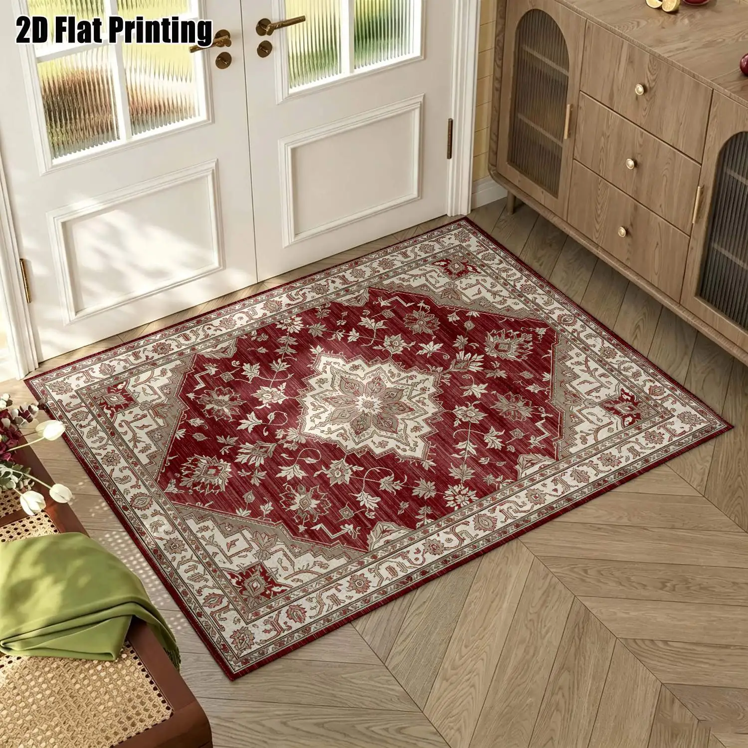 1Pc 2D Printed Carpet: Red Floral & Geometric Patterns, European/Retro/Bohemian Style, Machine Washable, Multi-Size, Ideal for Home Decor & Multi-Scene Use