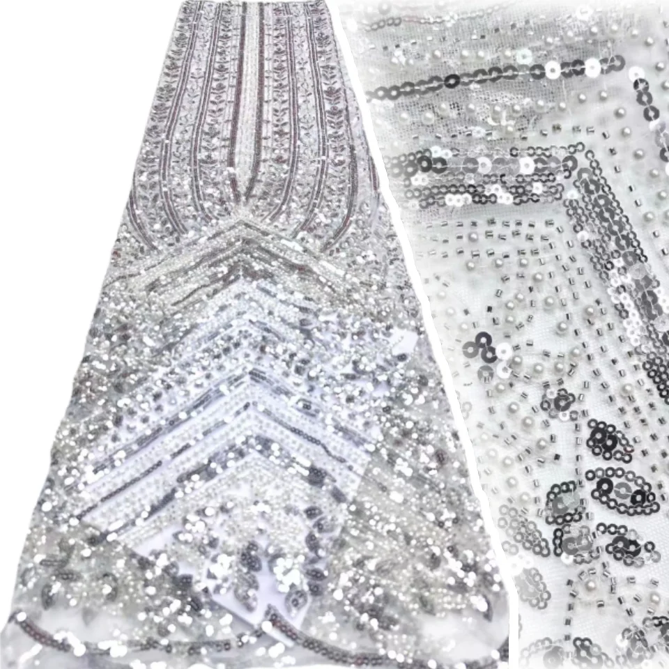 

African Lace Fabric White Sequins Embroidery Groom Nigerian Bridal High Quality French Tulle Lace Fabric for Wedding Sew SZ1678