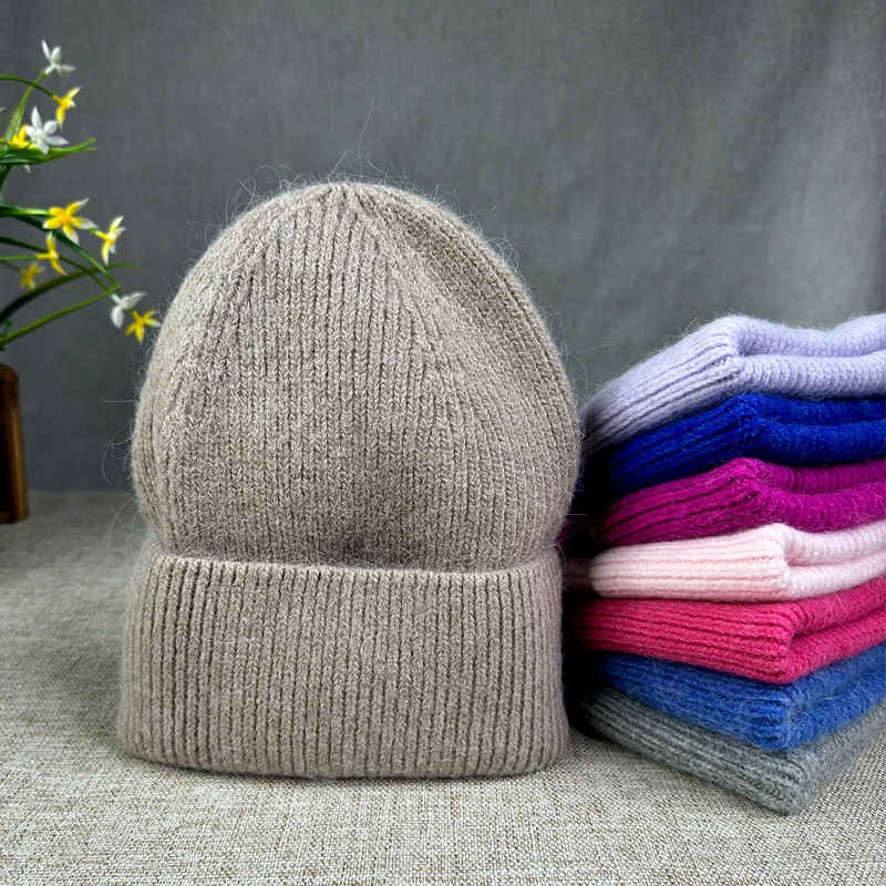 2024 neue Angora Kaninchen haar Winter Hut Für Frauen Gestrickte Mützen Hut Motorhaube Weibliche Weiche Warme reise Skullies Beanies – Detail 4
