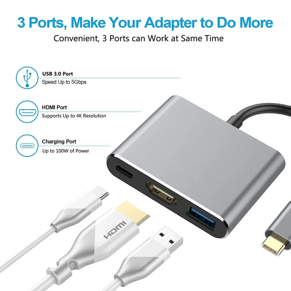 4K 3in1 Portable Converter Adapter USB hub Aluminum USB 3.1 Type-C to HDTV/USB 3.0/USB-C Multiport Adapter For  Adapter