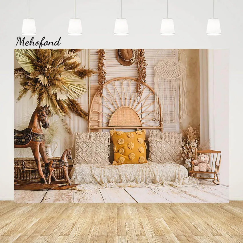 Mehofond Photography Background Boho Pampas Grass Decor for Kids Birthday Party Sofa Pillow Bear Horse Backdrop Photocall Studio