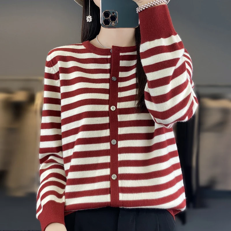 Autumn Winter New Women O-neck Classics Strip Cardigan Pure Wool Fashion Soft Warm Sweater Cashmere Loose Casual Knit Base Top