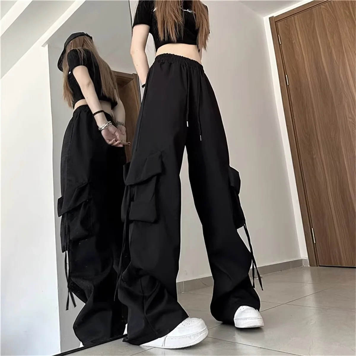 Plus Size Women Cargo Pants High Waist Solid Fashion Street Pant Vintage Drawstring Pocket Trousers Loose Casual Joggers Clothes