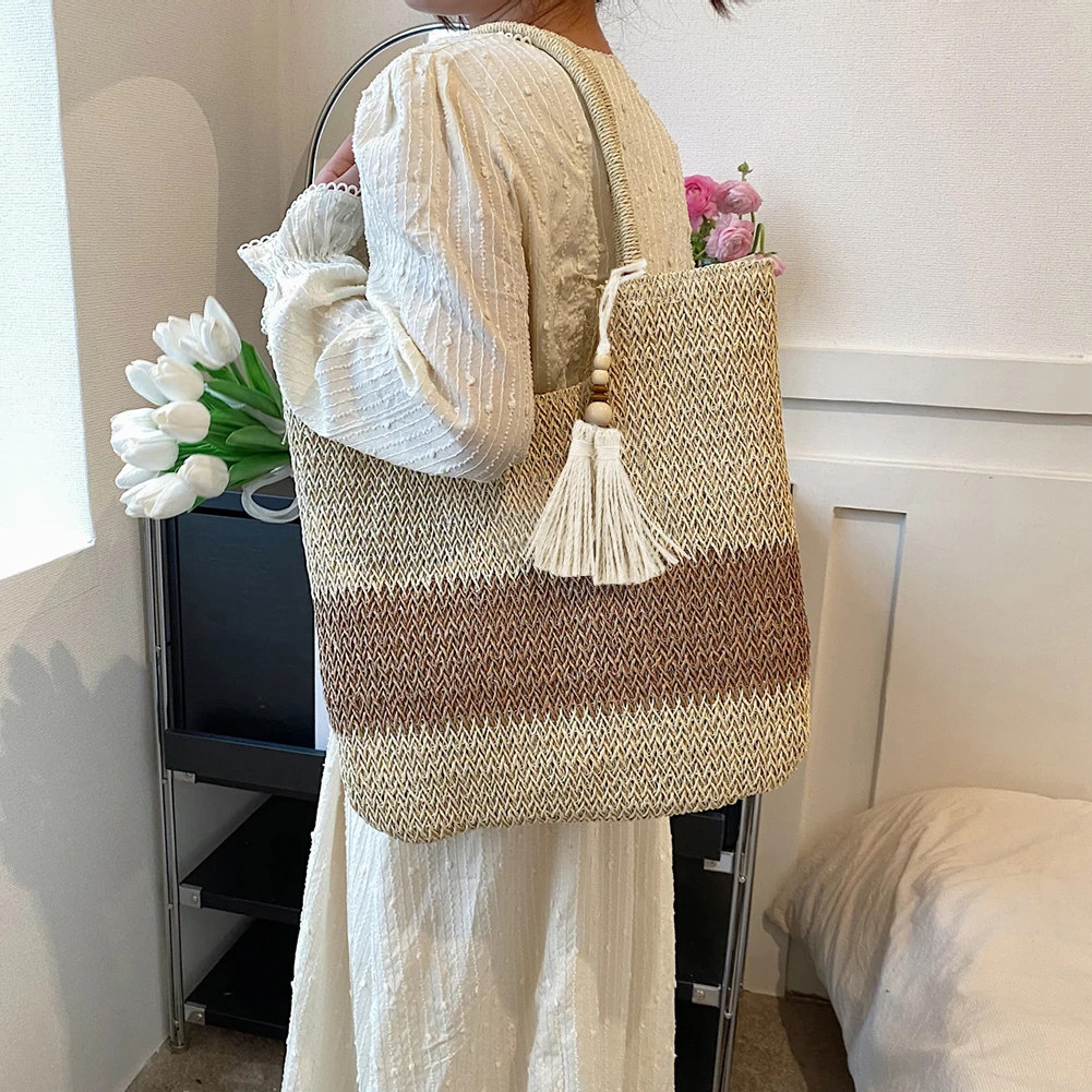 

Summer Ladies Woven Tote Contrast Color with Tassels Shopping Tote Bag Large-Capacity Fashion Casual Simple for Seaside Holiday