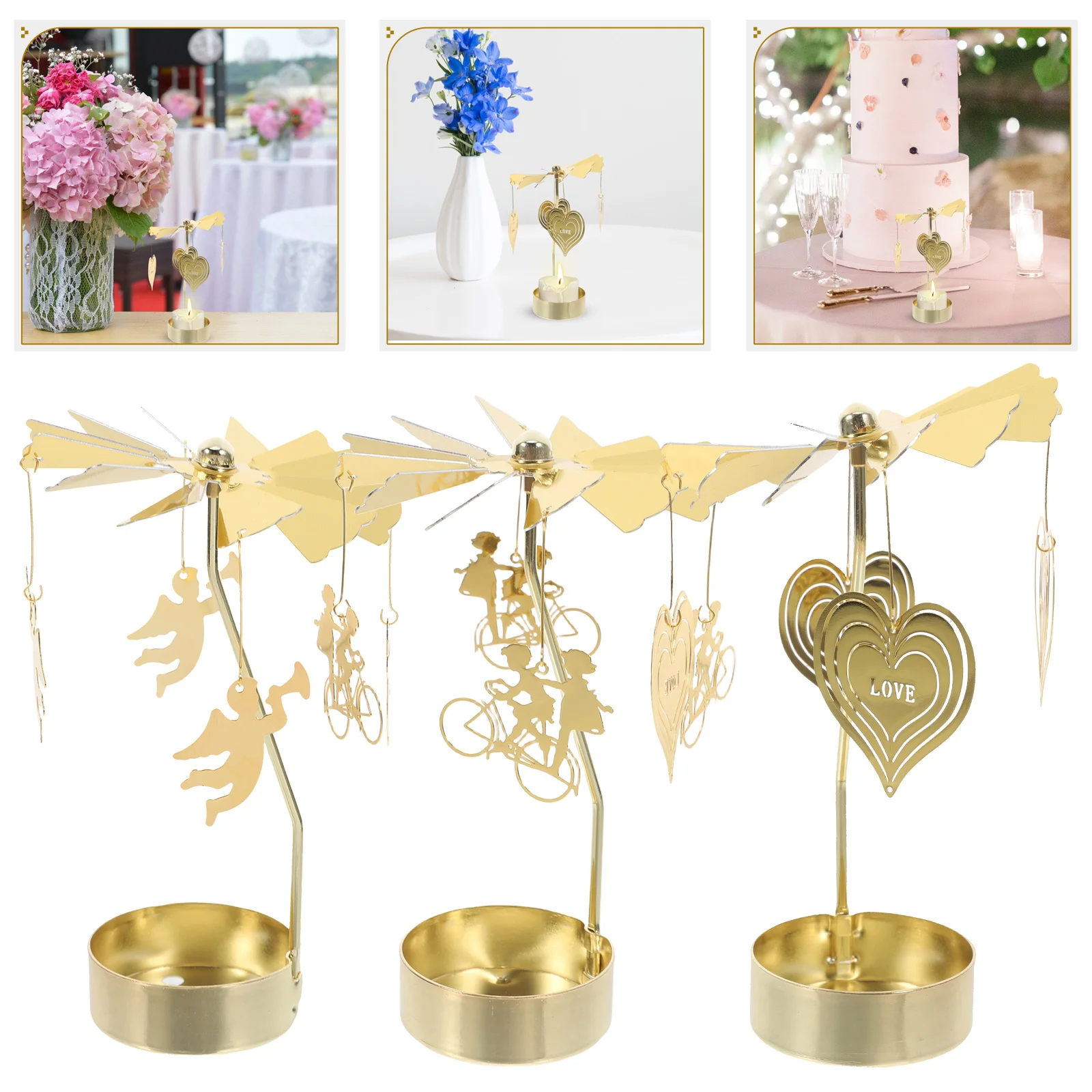 

3Pcs Rotating Holder Metal Spinning Tea Light Romantic Decoration for Valentine Wedding Party Table Holder