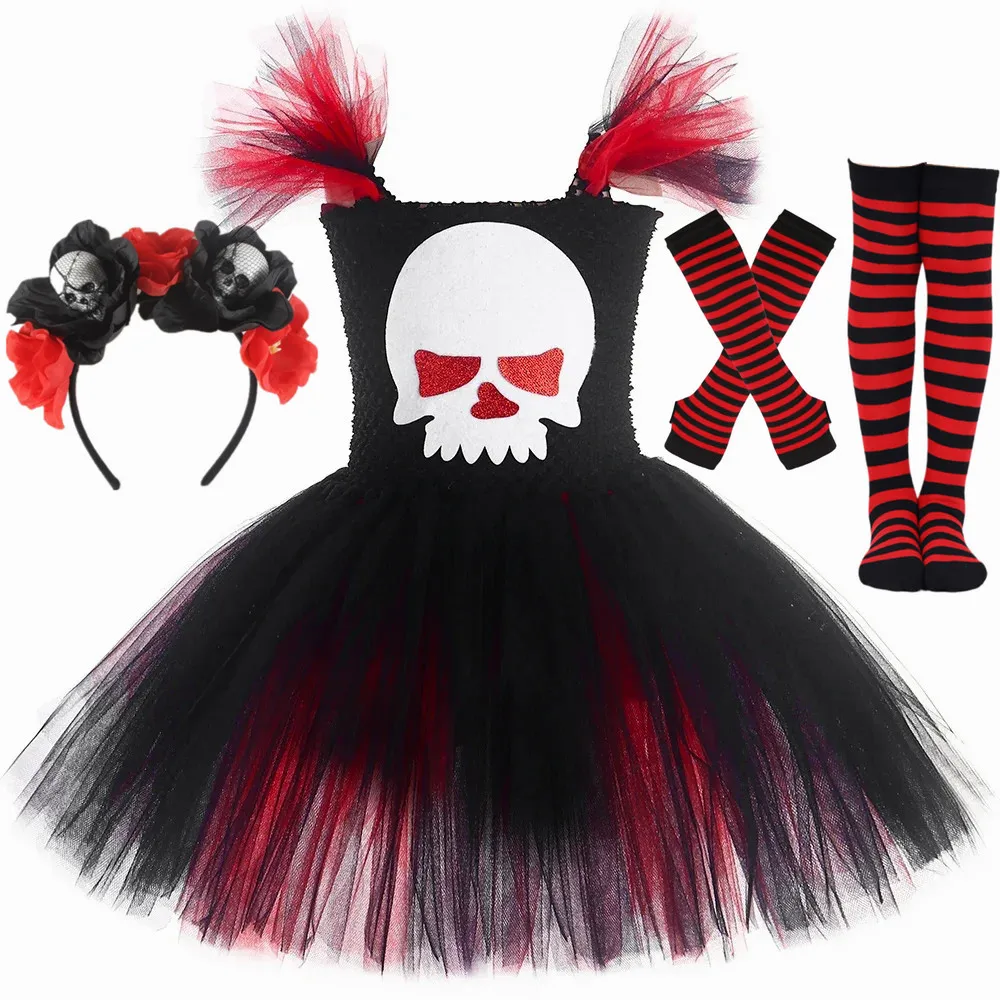 

Scary Ghost Skull Costume for Girls Halloween Day of The Dead Dress Up Clothes Red Black Carnival Party Fancy Tutu Dress 1-14T