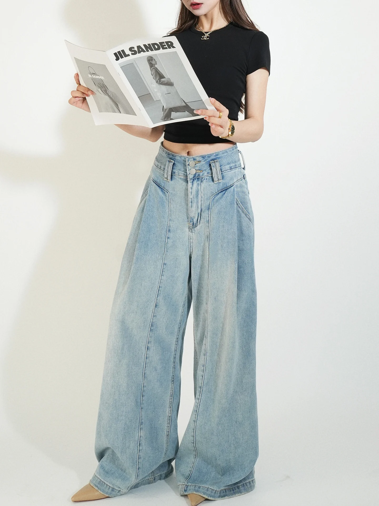 Loose Wide Leg Jeans Women's Loose Fit Low Waist Denim Pants Comfortable Slouchy Style Blue Jeans Casual Cotton Trousers