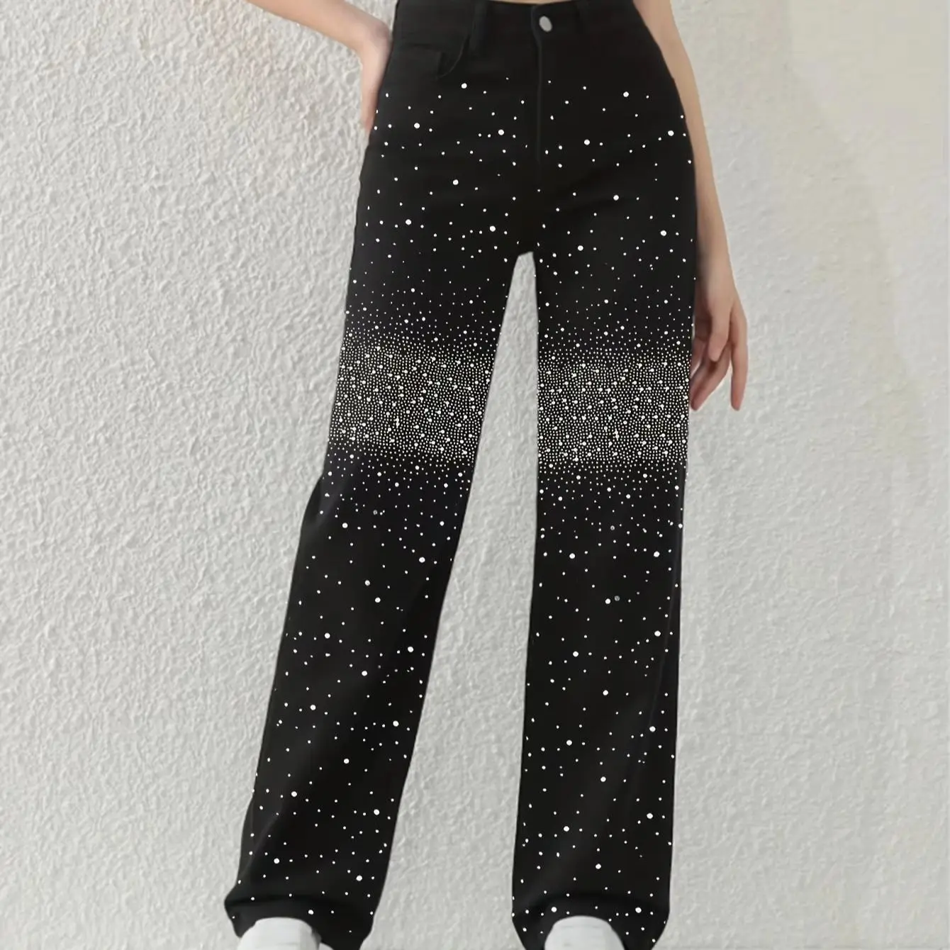 Long Pant American Style Black Full Sky Star Splicing Rhinestone Jeans Women Spicy Girl Straight Leg Slimming Casual Long Jeans