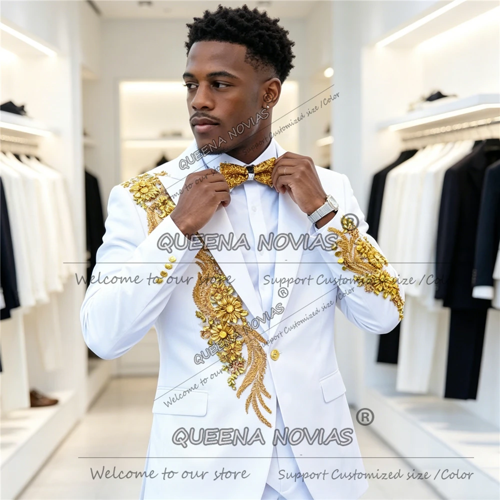 

Exclusive Wedding Suit For Man Gold Beaded Appliques Prom Blazer Custom Made 3 Piece Sets Costumes Hommes Slim Fit Man Tuxedos