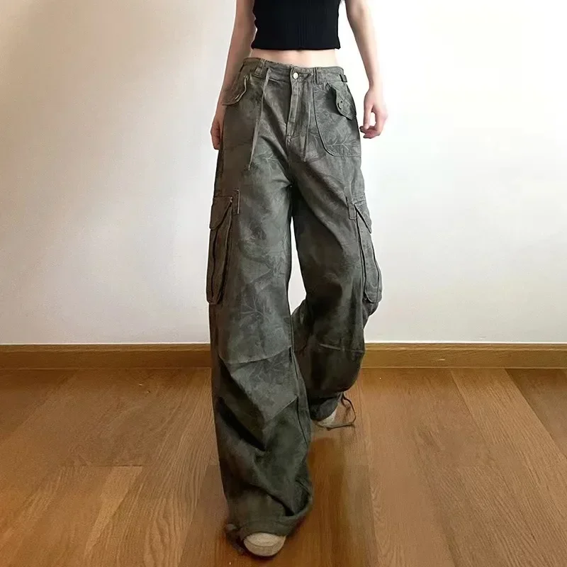 Jeans Perkakas Dasi Kaki Cetak Kamuflase Antik Kurus Anak-anak Tinggi Amerika Jeans Kaki Lebar Hip Hop Jalanan Rempah Wanita