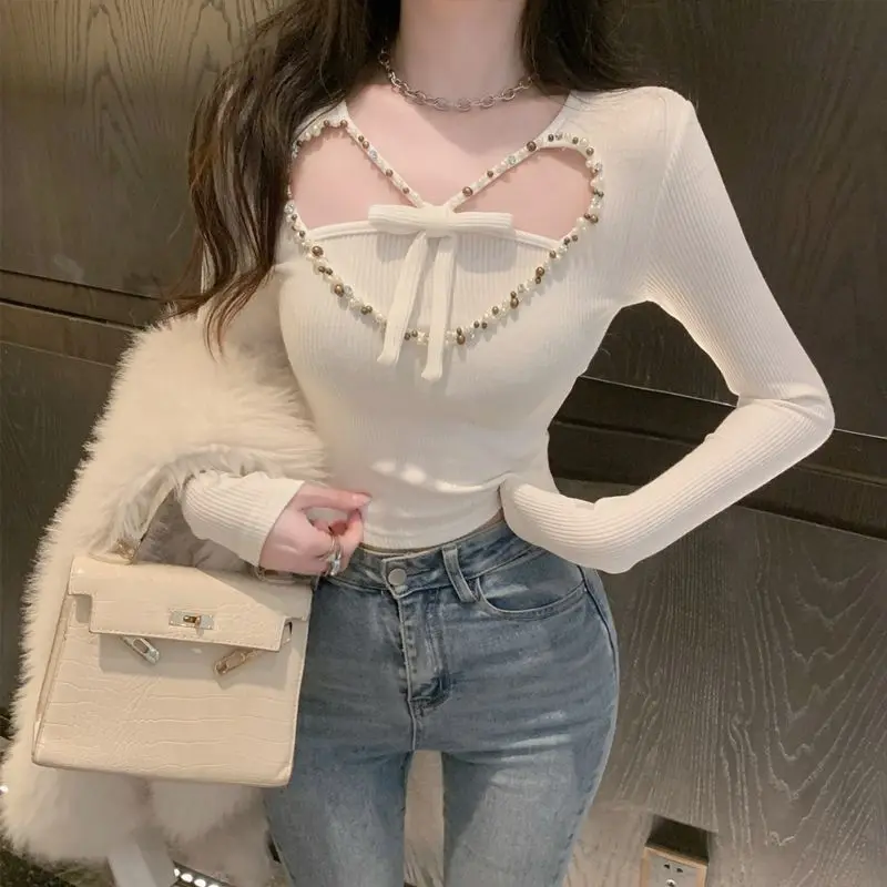 Female Korean Fashion Slim Diamonds Bottoming Shirt Autumn Trend Sexy Hollow Out Long Sleeve V-neck T-Shirts Women Clothing Tops