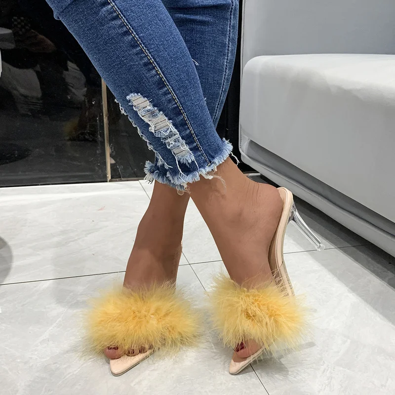 PU leather with feather peep toe transparent high heel slippers summer sexy slip on clear heel slides women mules shoes