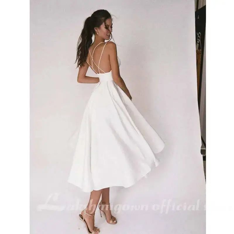 Lakshmigown Kurzes Boho-Strandkleid, A-Linie, Hochzeitskleid, maßgeschneiderte Träger, V-Ausschnitt, sexy, einfarbiges Partykleid, rückenfreies Freizeitkleid für Damen – Detail 6