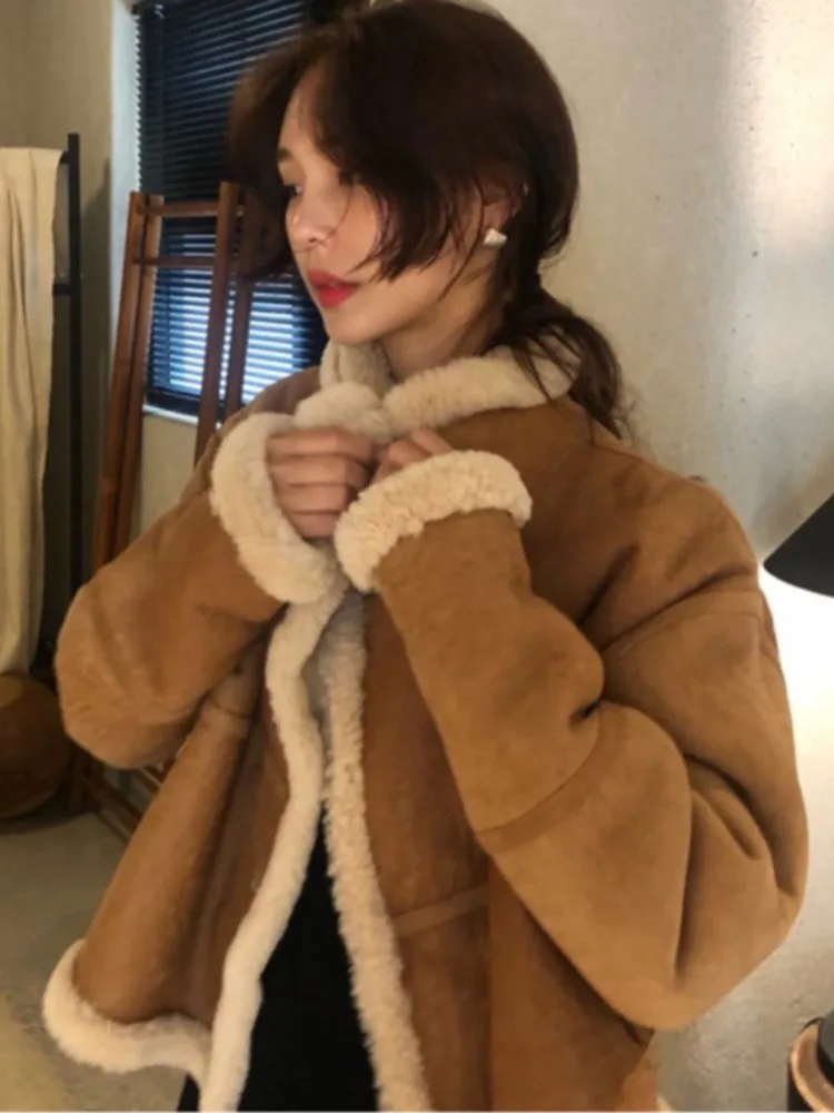 

Dongda Gate Autumn Winter ort Fur Leather Inteated Loose Long Sve Turn-down Collar Versatile Women's Outerwear