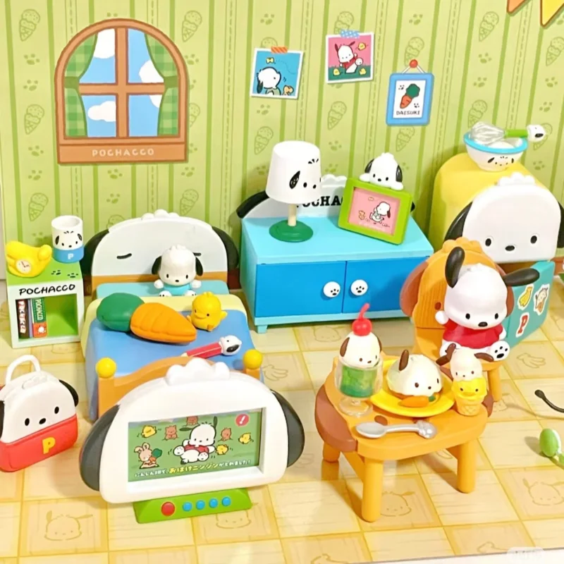 정품 Re-Ment Sanrio Kuromi 고딕 룸 추악한 물고기 룸 블라인드 박스 미니어처 장면 데스크탑 장식품 시뮬레이션 모델 장난감 선물