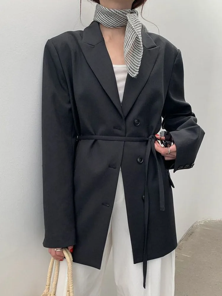 TLXT 여성 캐주얼 Balzer 노치 긴 소매 솔리드 싱글 브레스트 레이스 업 수집 허리 자켓 2025 봄 신상품 26Z1428