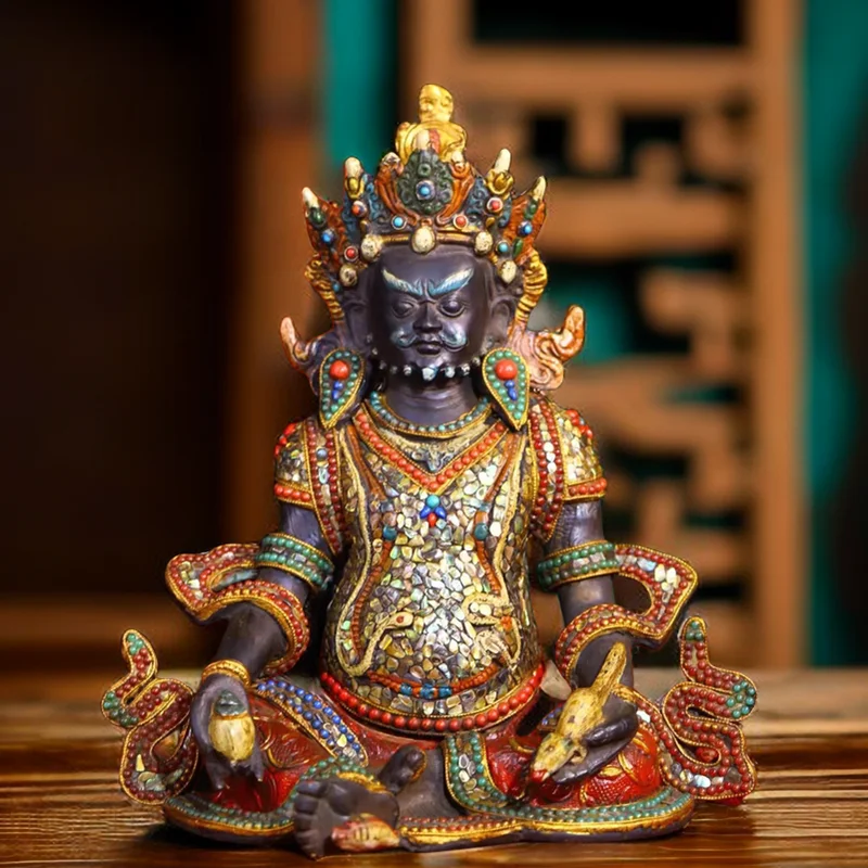 

Antique Collection Pure Copper Inlaid Gemstones Tantra Tibetan Collection Buddha Yellow God of Wealth Statue Bronze Statue Home